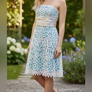 Vintage Betsey Johnson Strapless Cream Eyelet lace overlay-turquoise underlay